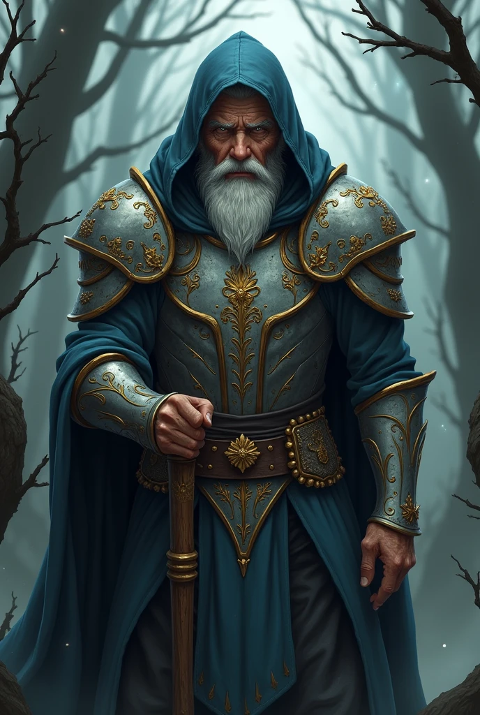 anime style, elderly gentleman with a vagabond appearance, with large and wide armor, silver with gold flourishes, covered with a layer, head covered with hood, short beard, brown skin, medium short silver hair, illuminated white eyes, It rests on a stick that looks like a branch