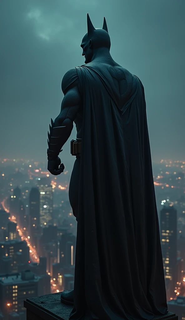 batman statue on top of a building overlooking a city at night, in batman movie still cinematic, nighttime in gotham city, from movie batman, the batman, film still of batman, dark knight, the dark knight, still image from batman movie, cinematic shot!, batman portrait, gotham city, dramatic cinematic shot, gotham city style, detailed cinematic shot, sylvester stallone as batman