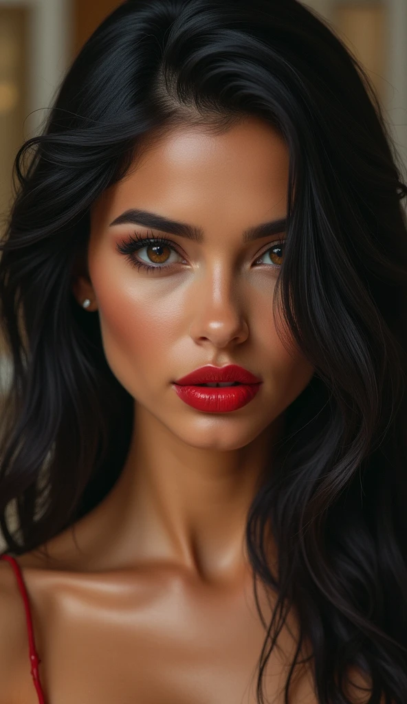 8k, Expect Raw, A beautiful woman, with long black and shiny hair, Cleopatra style, with brown eyes and enveloping, frontal photo, red and seductive lips, imposing woman, confident, a seductive queen, demonstrating what is most real in painting