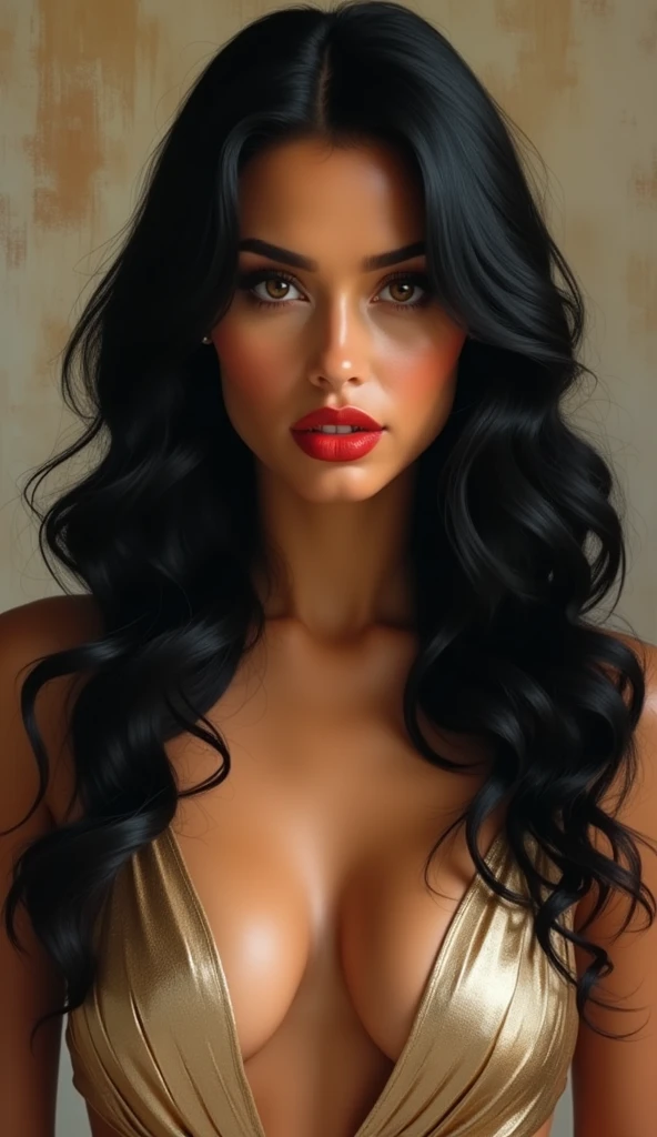8k, Expect Raw, A beautiful woman, with long black and shiny hair, Cleopatra style, with brown eyes and enveloping, frontal photo, red and seductive lips, imposing woman, confident, a seductive queen, demonstrating what is most real in painting