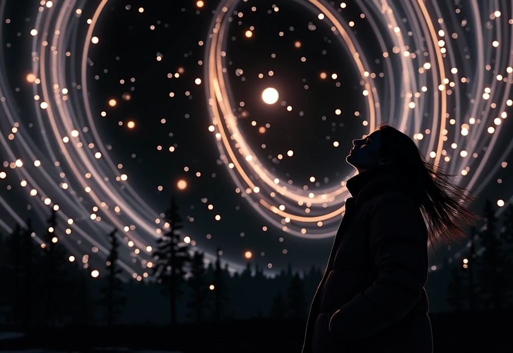 many stars shining in a beautiful bright winter night sky, long exposure of starry sky with many circular orbits, silhouette of a young woman with long hair with her hands in the pockets of her coat looking up, photo taken from a distance, photo from below