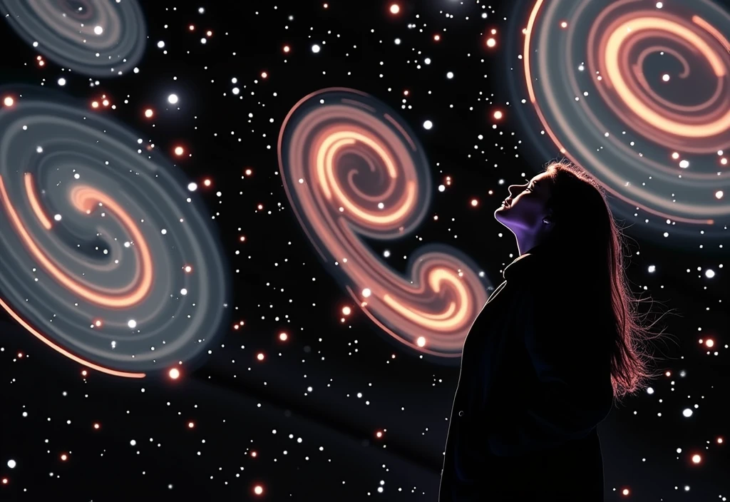 many stars shining in a beautiful bright winter night sky, long exposure of starry sky with many circular orbits, silhouette of a young woman with long hair with her hands in the pockets of her coat looking up, photo taken from a distance, photo from below