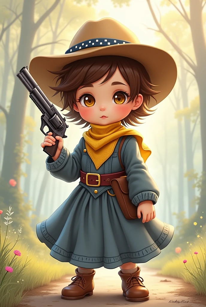 Clover is a human child of fair complexion and short brown hair. Official art portrays Clover with yellow irises.

Clover wears a brown long-sleeved dressed a maid costume, presumably denim, girded by a dark reddish-brown belt with a gold buckle. They wear a pair of brown shoes and a light brown cowboy hat with a dark brown hatband. Around their neck, Clover sports a yellow bandana with a blue dot pattern (though some official art depicts it as a checkered blue and yellow  bandana and handed a gun he is dressing maid costume