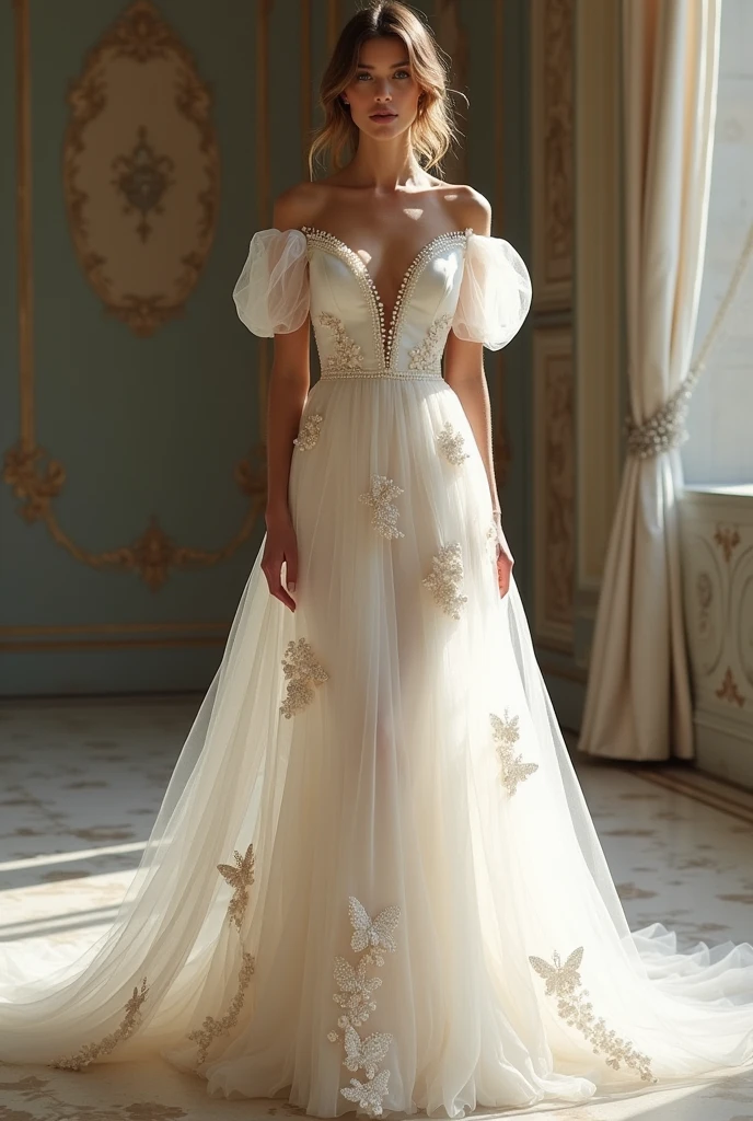A wedding dress:
Fabric: Silk that enhances your body without being tight, transitioning into netting below the waist.
Fit: The dress shows off your curves while remaining comfortable and not overly tight.
Sleeves: Puff sleeves that are off the shoulders, draping down to the biceps with a trail of netting adorned with pearls hanging from both sleeves.
Neckline: Adorned with pearls, seamlessly integrating into the netting.
Skirt: The silk transitions into netting below the waist, embellished with delicate embroidery of butterflies and pearls.
cover the upper body and don't make the skirt see-through, keep the rest of the dress same and keep the sleeves
make a longer picture show the entire dress