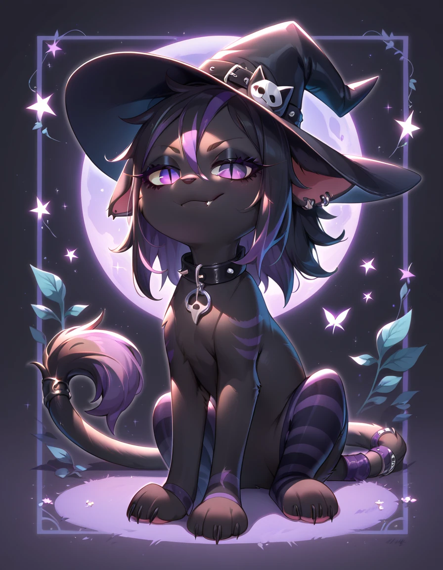 (score_9, score_8_up), score_7_up, score_6_up, best quality, highest quality, (feral), Goth girl, cat, furry, anthro, sitting, solo, official style, (witch hat), animal, (body fur), (black body, black skin, black fur), eyelashes, eyeliner, (black hair, purple hair, streaked hair), (messy hair, wild hair), animal ears, slit pupils, expressive eyes, beautiful eyes, smirk, fang, purple stripes, thin tail, tail ring, punk, piercings, collar, stockings, paws, uncensored, detailed background, jizoku