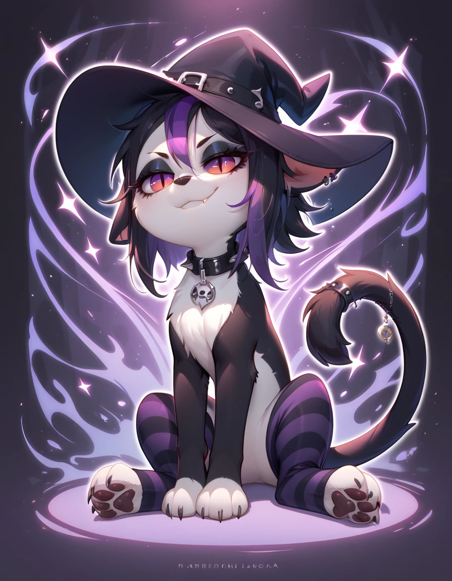 (score_9, score_8_up), score_7_up, score_6_up, best quality, highest quality, (feral), Goth girl, cat, furry, anthro, sitting, solo, official style, (witch hat), animal, (body fur), (black body, black skin, black fur), eyelashes, eyeliner, (black hair, purple hair, streaked hair), (messy hair, wild hair), animal ears, slit pupils, expressive eyes, beautiful eyes, smirk, fang, purple stripes, thin tail, tail ring, punk, piercings, collar, stockings, paws, uncensored, detailed background, jizoku