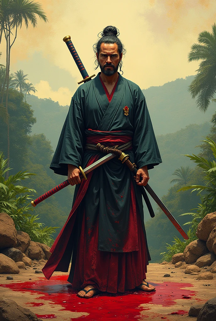 José Martí in samurai clothes doing the arakiri, blood, Cuban landscape in the background 