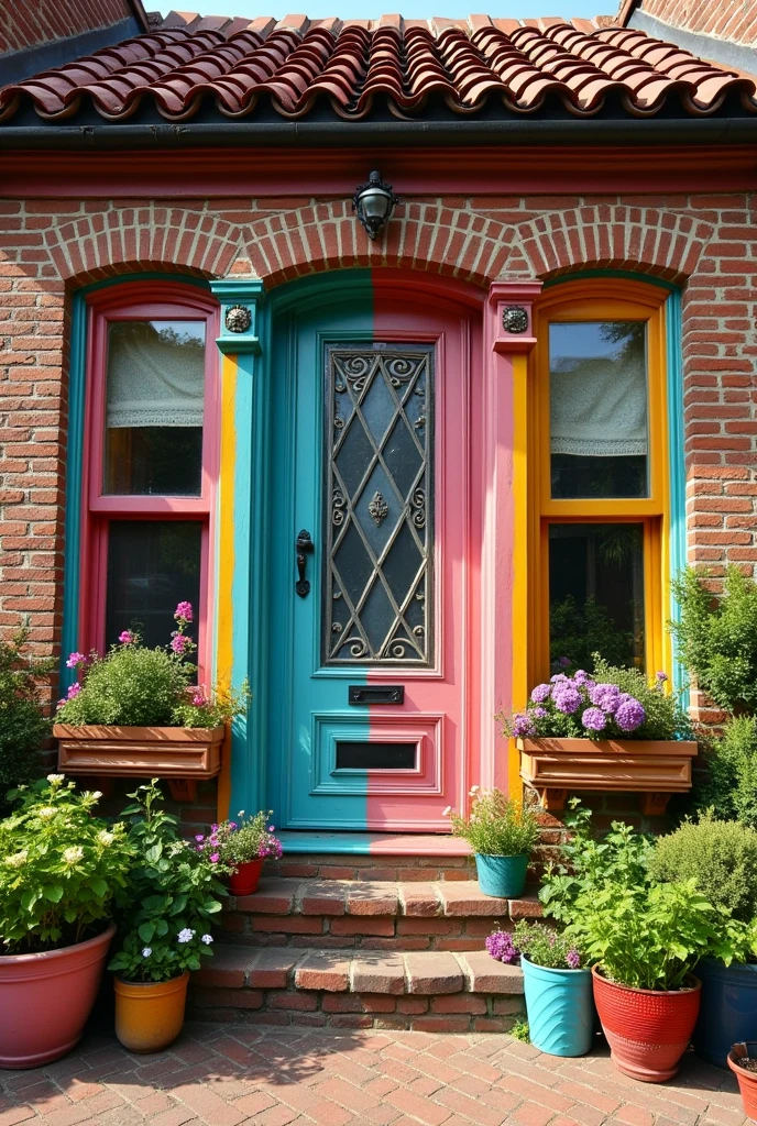 Front facing image of 4 single story multicoloured boho chic windows in a row on a brick house with multicolour pots of flowers