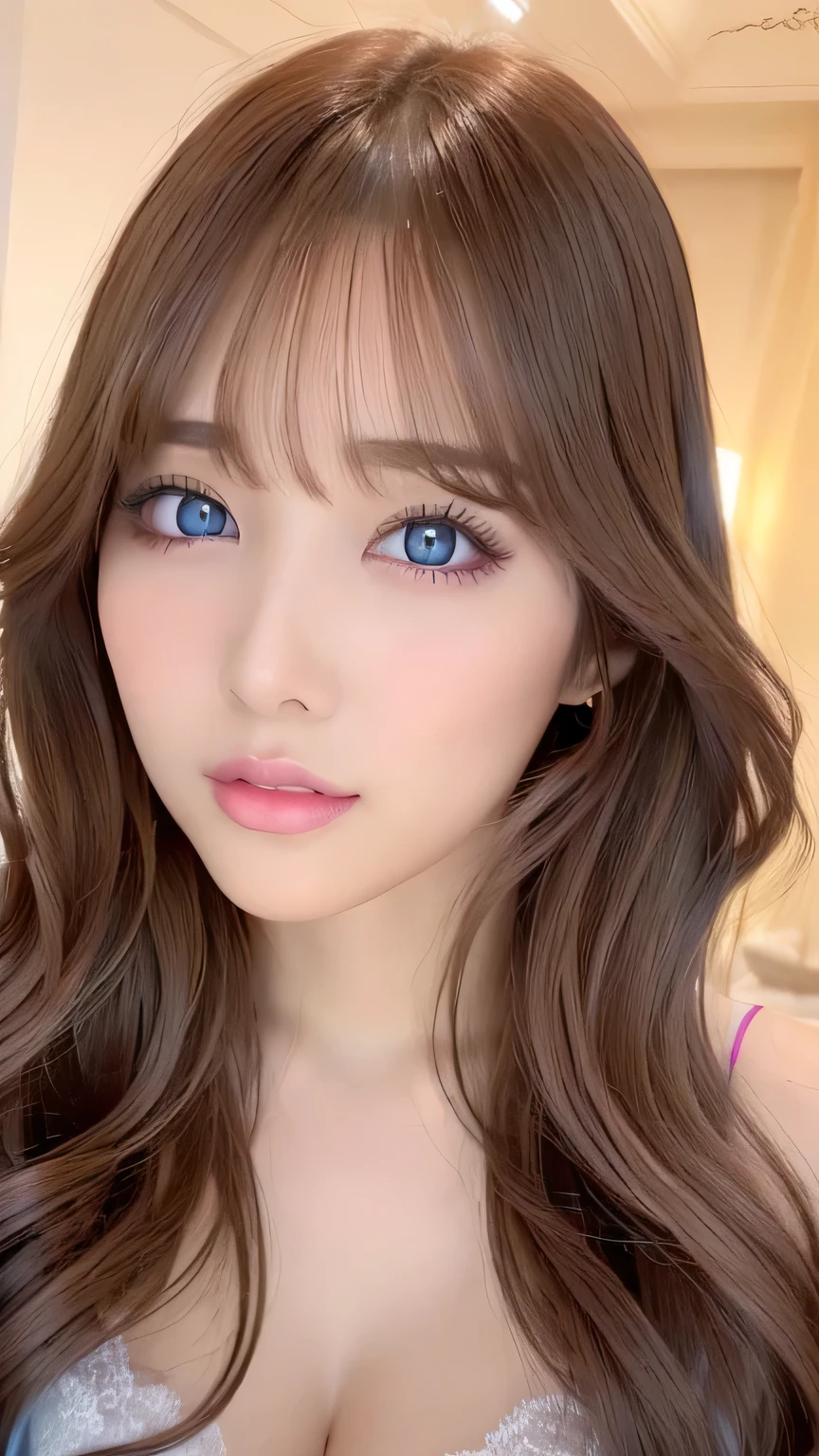 Unparalleled beauty, Shiny, firm, glowing skin, Bangs between the eyes, Beautiful luster,  Glossy lips,Super long wavy hair with bangs, Super long straight silky hair, eyeliner, sexlyで美しい無邪気なギャル, High resolution, Very bright and beautiful big glowing light blue eyes、Very big eyes、Beautiful and adorable, Gal Makeup、Nightlife at the night pool、((huge beautiful breasts 、Shiny and very erotic big breasts))、((erotic、sexly、spouse、超High resolution、The lighting is bright、Precise needles without discomfort))