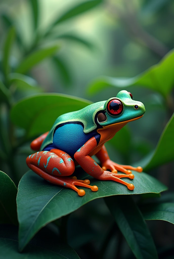 Small frog with brightly colored skin (blue, red, or yellow), is on the thick green leaves of the tropical rainforest.