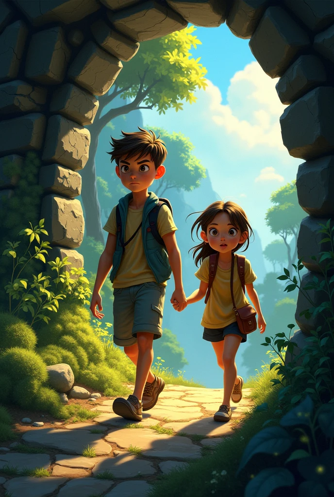 Young man and girl coming out of a tunnel