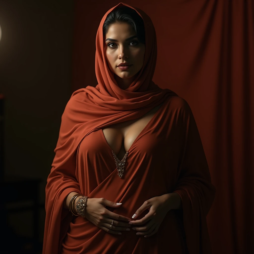 A hot, sexy, beautiful, busty, traditional Pakistani hijabi Muslim milf, wearing a saree with a waist chain around her belly, navel visible, (best quality,4k,8k,highres,masterpiece:1.2),ultra-detailed,(realistic,photorealistic,photo-realistic:1.37),HDR,UHD,studio lighting,ultra-fine painting,sharp focus,physically-based rendering,extreme detail description,professional,vivid colors,bokeh,portrait,photography,cinematic lighting,dramatic lighting,chiaroscuro,warm color tones