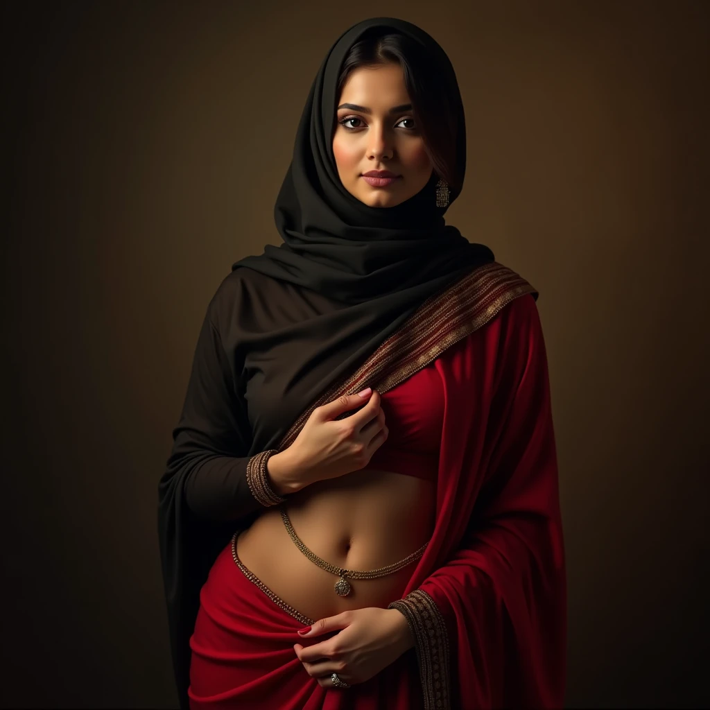 a hot sexy beautiful busty big-breasted traditional bangladeshi bengali hijabi muslim milf covering her head with hijab, wearing saree and a waist chain around her belly, navel visible, intricate detailed portrait, photorealistic, 8k, high quality, vibrant colors, dramatic lighting, cinematic composition