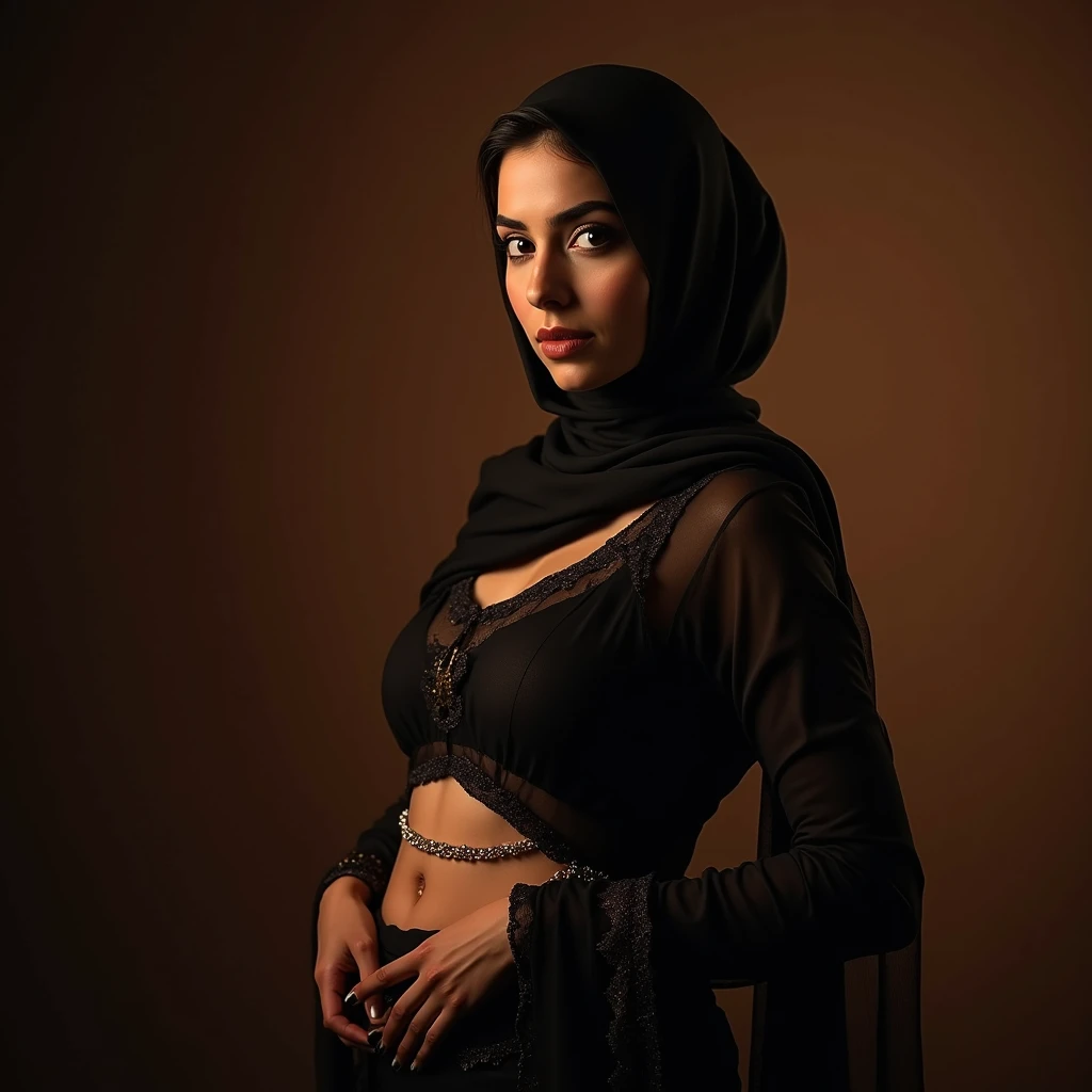 A hot, sexy, beautiful, busty, traditional Pakistani hijabi Muslim milf, wearing a saree with a waist chain around her belly, navel visible, (best quality,4k,8k,highres,masterpiece:1.2),ultra-detailed,(realistic,photorealistic,photo-realistic:1.37),HDR,UHD,studio lighting,ultra-fine painting,sharp focus,physically-based rendering,extreme detail description,professional,vivid colors,bokeh,portrait,photography,cinematic lighting,dramatic lighting,chiaroscuro,warm color tones