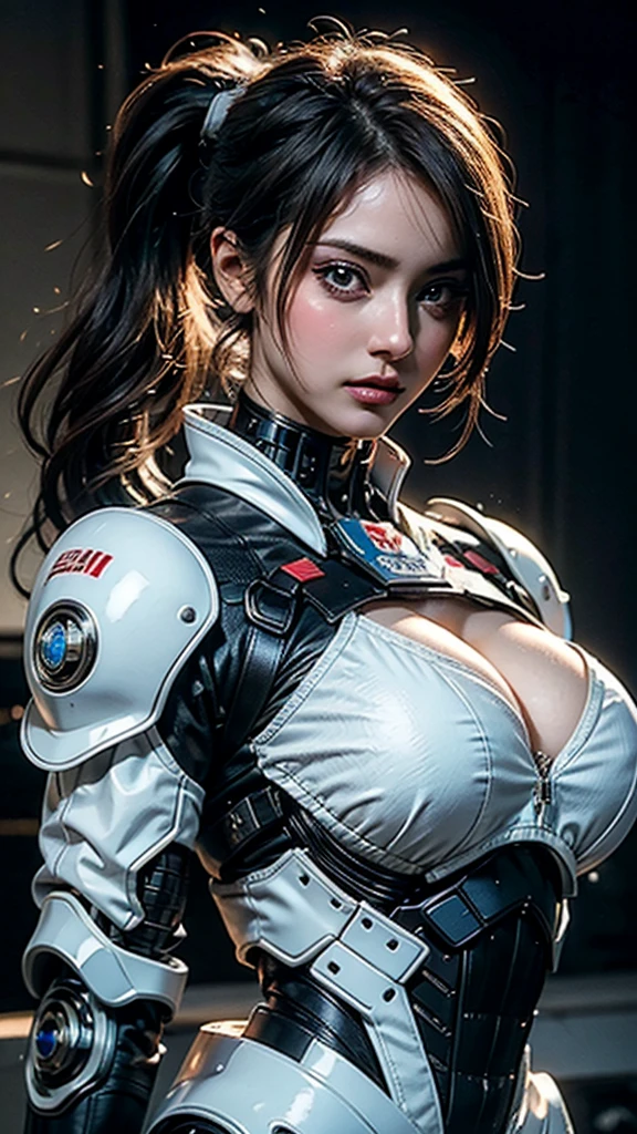 masterpiece, Highest quality, Ultra-realistic, Ultra-detailed, 8k resolution, RAW Photos, Sharp focus, (One person), alone, Gorgeous face, Perfect body, Mature Woman, Age 25, Portraiture, Mecha, White Armor, Nanosuit, sexy, ponytail, Cinematic, Cinematic light, Large Breasts