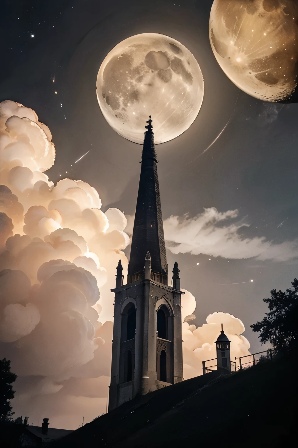 a bell tower and a tower seen from below, clouds, red enamel moon surrounded by white, night sky clouds near the moon, village, night, surreal atmosphere.