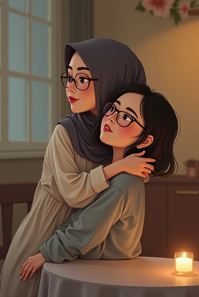 beautiful 35 yo indonesian hijab teacher wearing glass,pajama,pale eyes,sat on the table,hug from.behind by a 20 yo woman,,short hair,wearing longdres,smooch neck