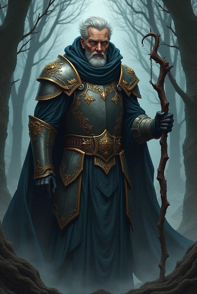 anime style, elderly gentleman with a vagabond appearance, with large and wide armor, silver with gold flourishes, covered with a layer, head covered with hood, short beard, brown skin, medium short silver hair, illuminated white eyes, It rests on a stick that looks like a branch