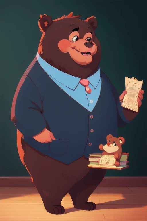 a bear teacher dressed as a teacher, 2d cartoon style, whimsical, adorable, happy expression, masterpiece, 8k, ultra detailed, highly realistic, cinematic lighting, award winning digital art