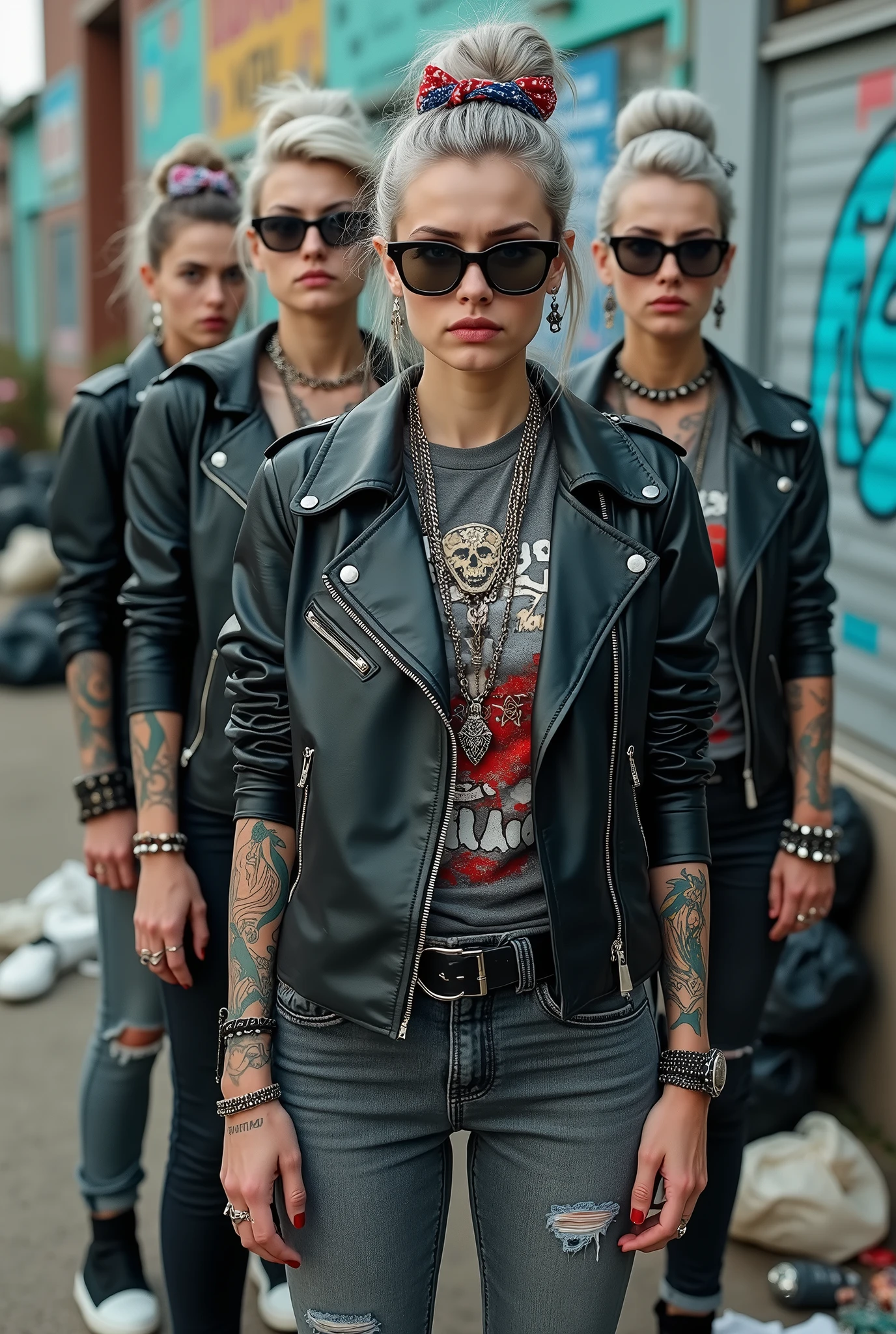 Four russian milf women,  one in the foreground . All: sad faces. All grey hair (bouffant, top bun or ponytails), wearing oversized square sunglasses and wide  colourful bandana as headbands), with very light green eyes, extremely pale. Big lips. No tan. Wearing aged black moto jackets (zippers on the side).  Different old light grey  or black t-shirts with skull and boles or rock band logos.  All: dark grey or dark blue skinny low rise jeans with holes on knees ( patched with colourful fabric). Some black leather studded biker boots, some white tennis sneakers, some black Chelsea boots with heels . Lots of thick wide studded bracelets, chain collars and big rings. Tacky wide studded leather belts with big skull and bones oval buckle. Long earrings with chains and feathers. Stretching their necks, craving., Neck, chest, stomach and wrists tattoed. Toned abdominals, thin neck, slim legs and thin arms. Narrow hips and slim legs.  Black leather studded tote bags. Graffitied wall behind, waste on the groun and piled garbage bags around.