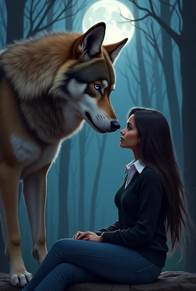 Wolf of enormous size, blue eyes, brown fur, looking face to face at a sitting on the ground in the middle of the forest at night, Brown skin, latina, long straight hair, very long hair , Dark brown hair, with bright violet eyes. jeans, white shirt with a smart black sweater, looking at each other with deep love