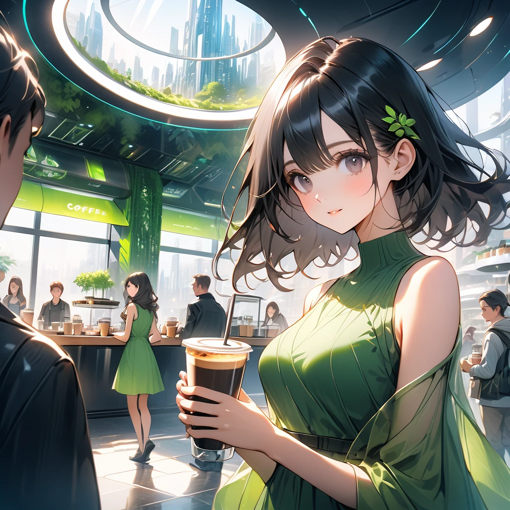 Beautiful young woman with long shiny dark hair, Dark eyes dressed in a simple green dress buying a cup of coffee inside a futuristic eco-friendly cafe, Everyday scene of an eco-futuristic city, room with good lighting, large glass windows, People walking on the streets of a big ecological futuristic city.