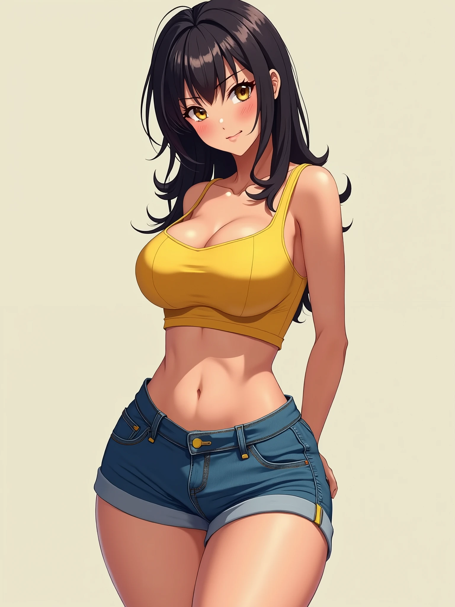 busty anime woman wearing a yellow crop top and Jean shorts