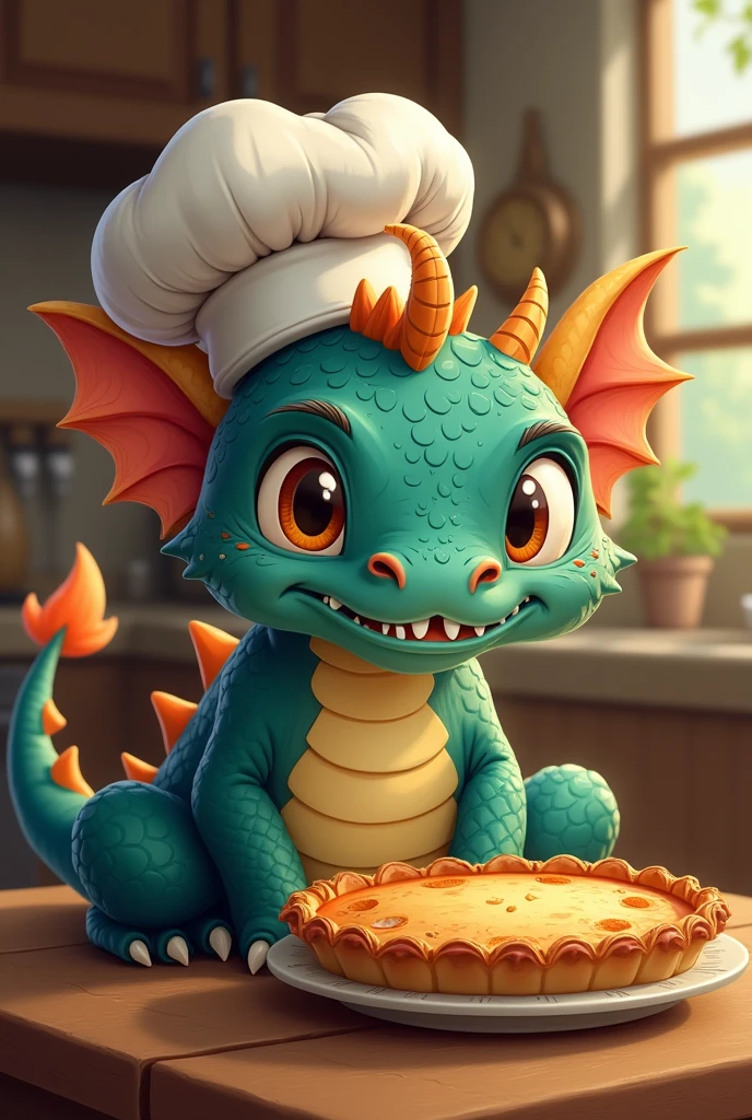 Toothless dragon with chef's hat eating a pie