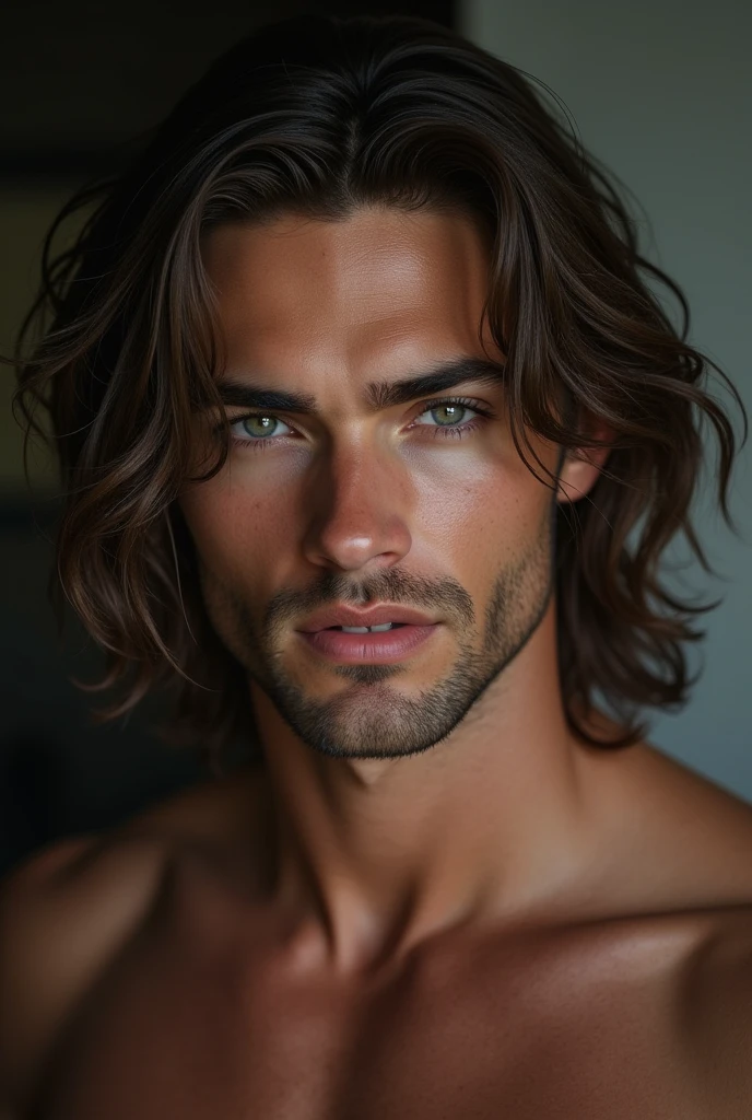 
Male human figure, grey eyes, long wavy brown hair, Tough look with a tender appearance, high, full body facing forward  ,sexy 2 who looks younger 