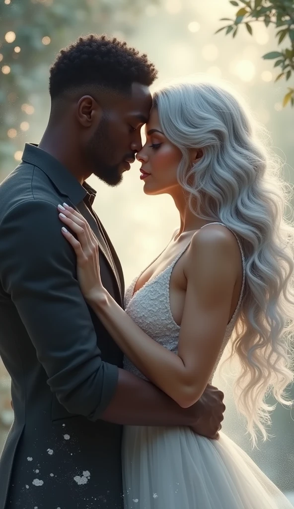 art by mooncryptowow Draw up an image of a couple,(1 white female silver hair), the man is a (black man), they are kissing