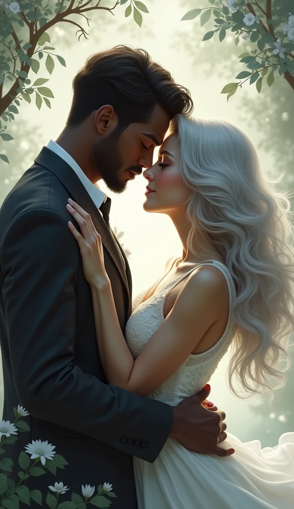 art by mooncryptowow Draw up an image of a couple,(1 white female silver hair), the man is a (black man), they are kissing