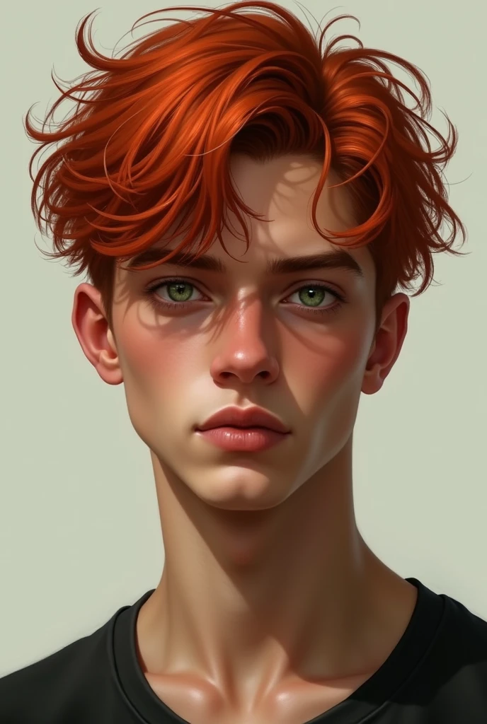 A 2 man with tanner smooth skin. His red hair are quite messy, falling on his forehead but short behind his neck. His eyes have different shade of green inside them. 
