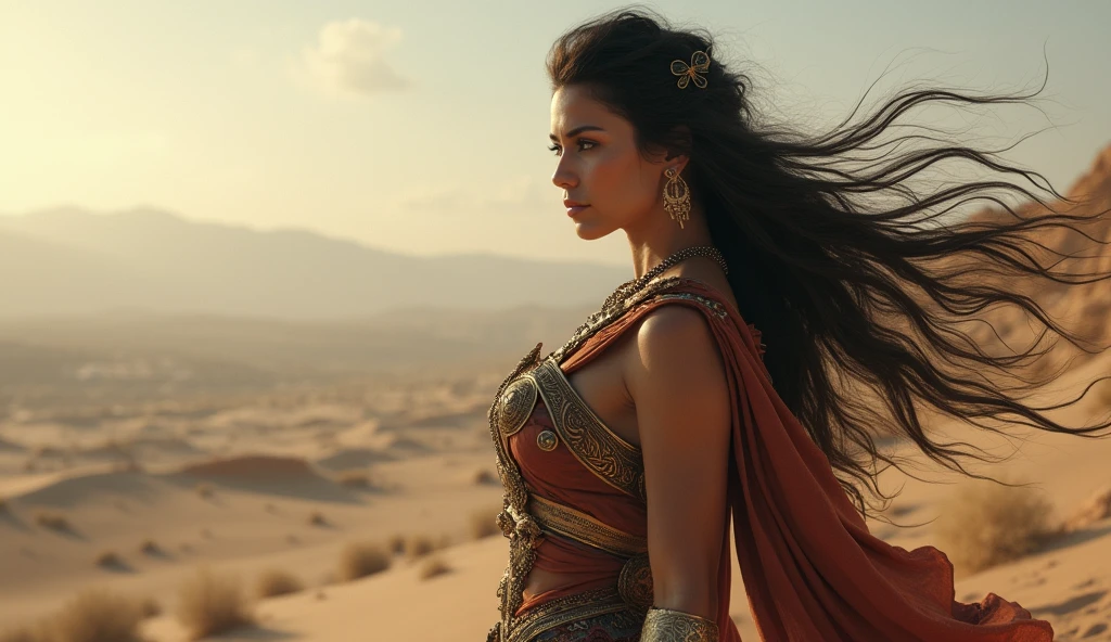 A beautiful Persian warrior woman, full hd, best quality, 1 girl, solo, beautiful, shapely, big hips, huge breasts, big ass, thick legs, a big slit showing part of her legs, innocent, pure, delicate, body proportional, perfect body figure, cold face, long hair flying in the wind, Photos with depth, wind, (masterpiece), full hd, best quality, from the back, observing the landscape, perfect face, 1 girl, solo, Portrait of an ancient Persian warrior. (((Positioned towards the corner of the image)))