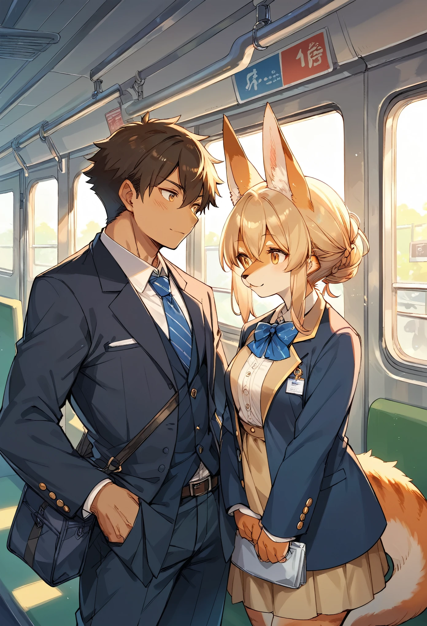 rating_safe, score_9, score_8_up, score_7_up, score_6_up, score_5_up, score_4_up, hires, source_furry(kemono, boy, girl)station, train, salary, suits, evening, perfect anatomy, good lighting,