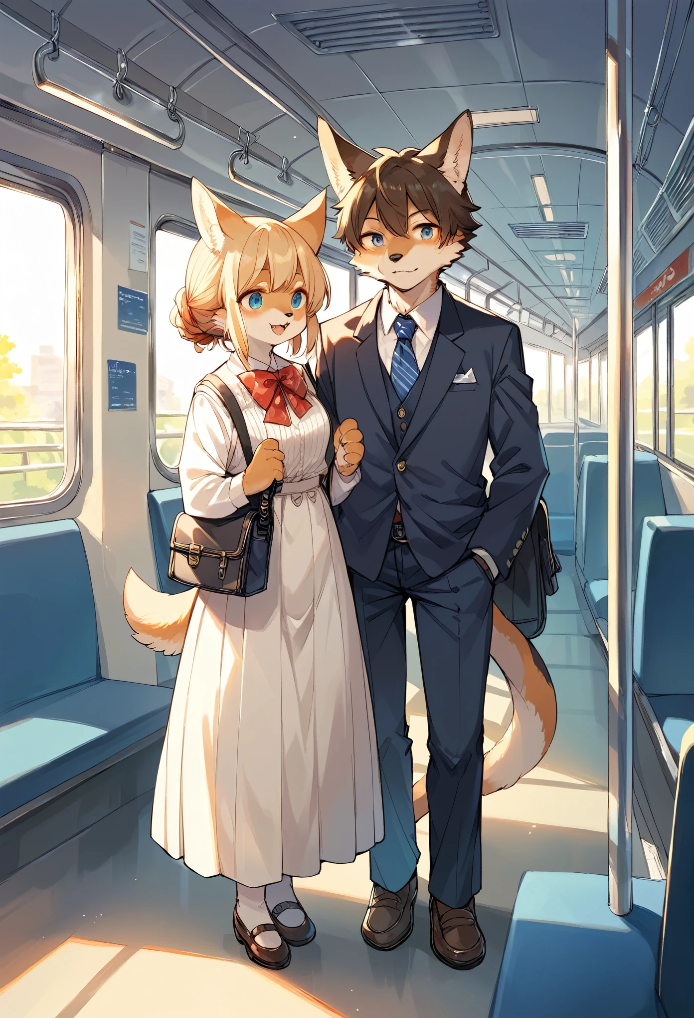 rating_safe, score_9, score_8_up, score_7_up, score_6_up, score_5_up, score_4_up, hires, source_furry(kemono, boy, girl)station, train, salary, suits, evening, perfect anatomy, good lighting,