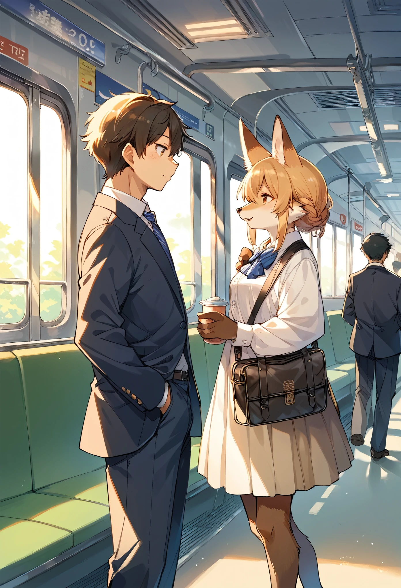 rating_safe, score_9, score_8_up, score_7_up, score_6_up, score_5_up, score_4_up, hires, source_furry(kemono, boy, girl)station, train, salary, suits, evening, perfect anatomy, good lighting,