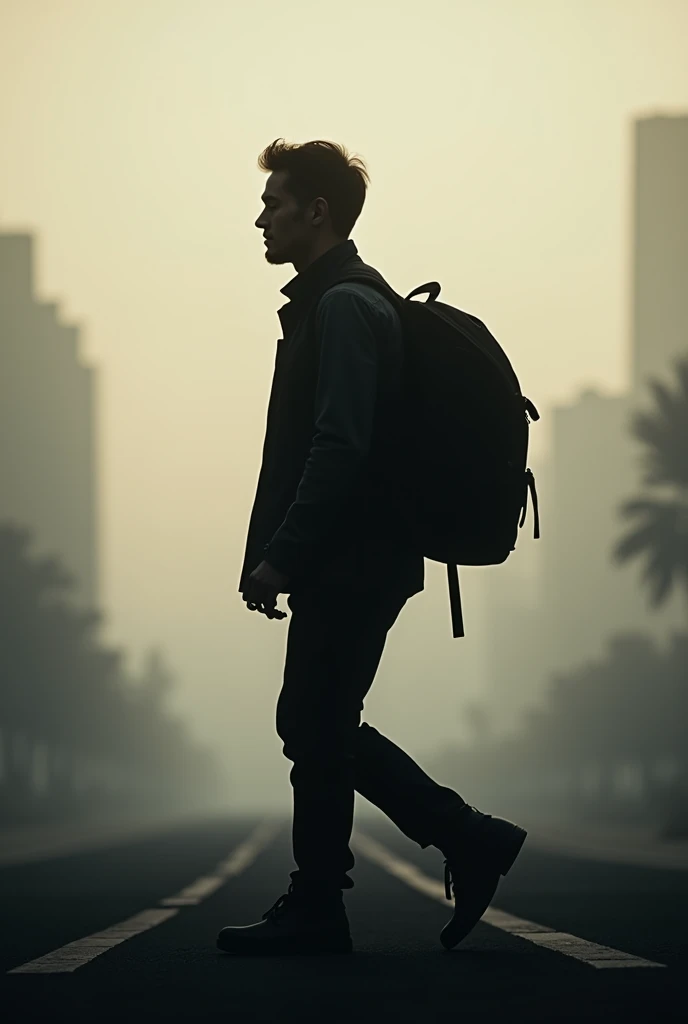 profile shadow of a man walking with a backpack on his back