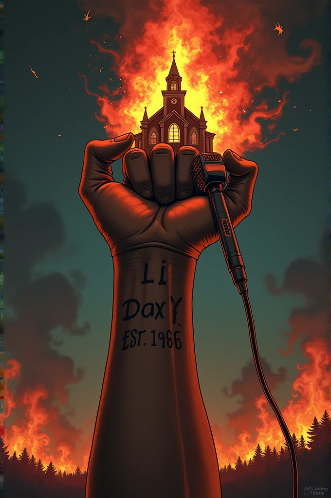 Do a hip-hop song cover art titled "INDUSTRY ADDRESS." On it there should be a muscular African hand tatted with a clearly written tattoo "LiB Dax EST 1996," holding a microphone. At the ending of the microphone rope, there should be a burning church (indicating a persona named church being address artistically).