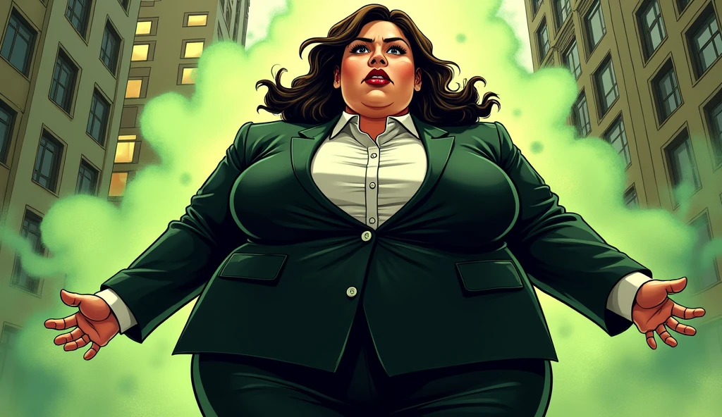 Beautiful morbidly obese female mob boss in her 20s, wearing a black suit, farting, olive green gas coming out of her butt, comic artstyle