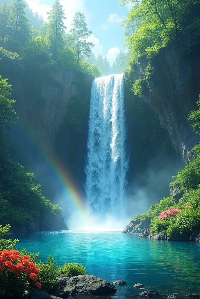 Create a magnificent landscape: emerald hills smoothly turn into dense forest, where the sun's rays break through the treetops, creating shimmering shadows. A cascade of waterfalls falls from a rocky height, its clear water sparkles in the sun, like diamonds. Falling, it breaks into millions of sparkling drops, forming a crystal clear lake below, surrounded by bright flowers and green ferns. A light fog hangs over the waterfall, and in its light a rainbow is visible, giving this place a magical atmosphere.