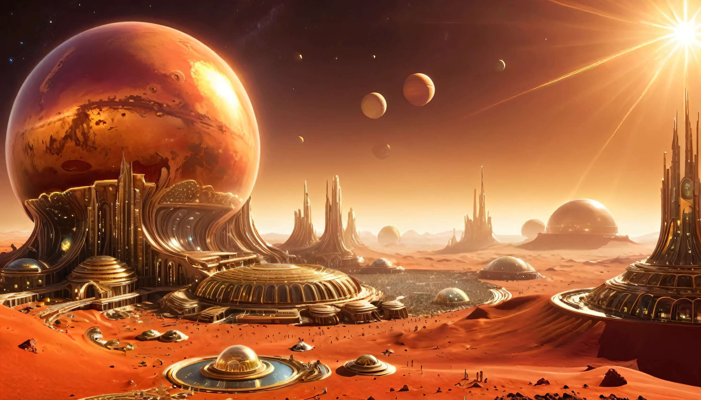 create an image of a big, huge space port on the surface of a red planet, where the space ships have landed, and the sun is far far away, there is no air on this planet, everything is built inside a big dome that shine in gold and glass.
