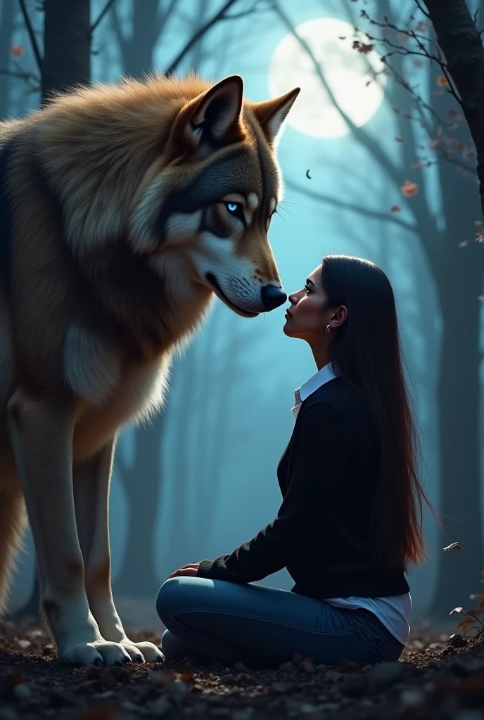 Wolf of enormous size, blue eyes, brown fur, looking face to face at a sitting on the ground in the middle of the forest at night, Brown skin, latina, long straight hair, very long hair , Dark brown hair, with bright violet eyes. jeans, white shirt with a smart black sweater, looking at each other with deep love