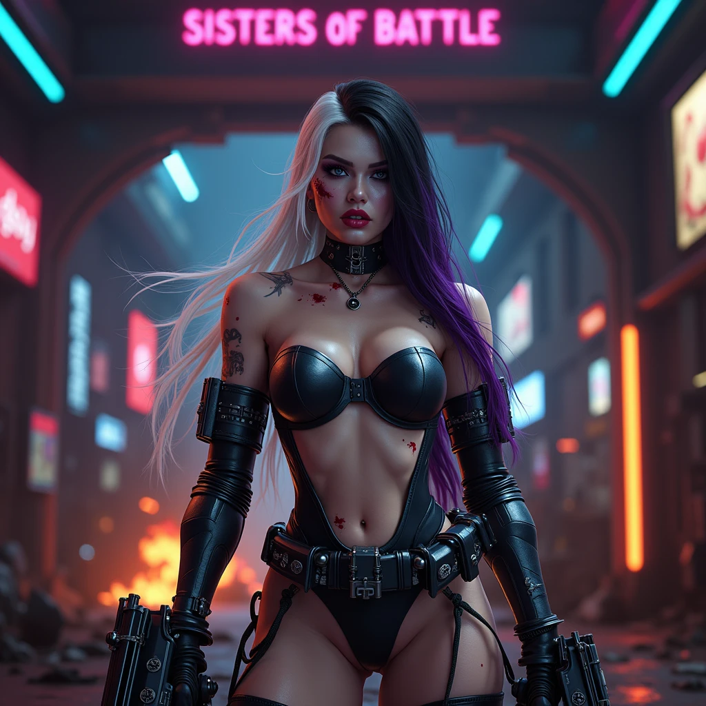 Full body pose sexy sisters of battle from the warhammer 40k, wounded in war, blood covered, shooting at the enemy, red space marine armor with intricate details, white space marine armor with intricate details, symbols on the armor, sisters of battle, warhammer 40k, Massive exposed silicone breast, pale skin, seductive, temptation, eat your soul, clevage, long white flowing hair, long black flowing hair with purple highlights, heavy gothic makeup, at night, neon, beautiful detailed eyes, beautiful detailed lips, extremely detailed eyes and face, long eyelashes, highly detailed space marine armor, intricate futuristic laser weaponry, dramatic lighting, cinematic composition, muted color palette, gritty and realistic, mecha, science fiction, hyper-detailed, photorealistic, award winning digital art, 8k, HDR, masters work, in the middle of a battle field, explosions and fire around, full war, stunning, cinematic, shooting at the enemy