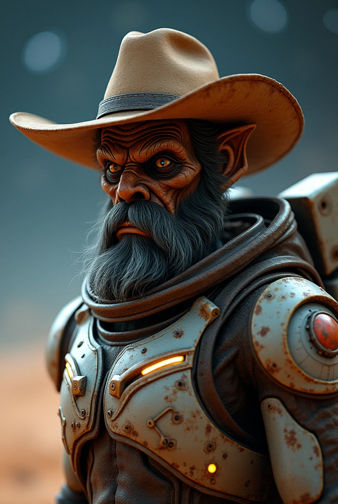 an alien with a cowboy hat, with beard, with a space suit