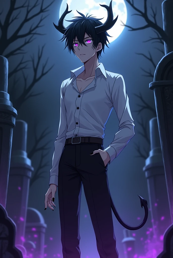 Anime serious man in his 25. He is skinny, tall, has black messy hair, glowy purple eyes, very pale skin. He also has black elk horns and a elk tail too. He is wearing a white victorian blouse with four buttons unmade, black pants. His nails are painted black.
He is standing in a gothic cemetery at midnight and he has a subtle purple aura surrounding him