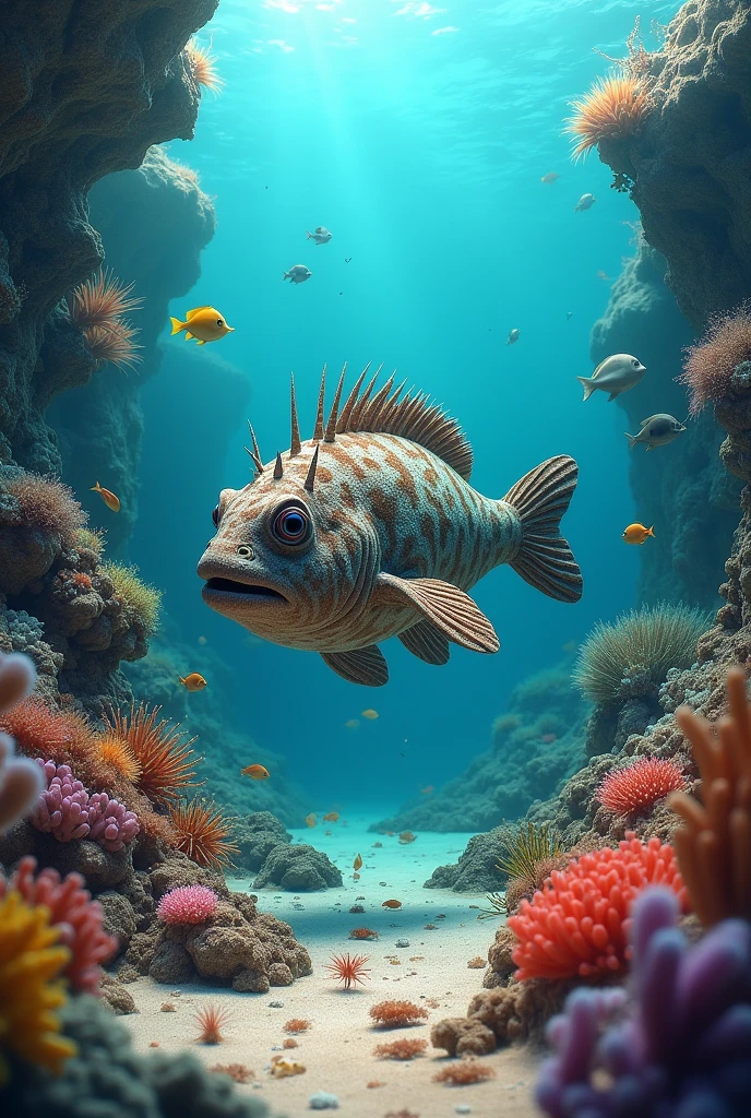 Stonefish camouflaged against the backdrop of rocks and coral on the seabed, with several thorns sticking out of his body.