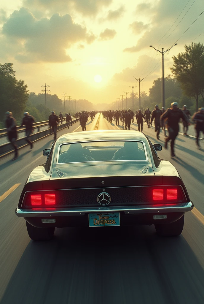 A car running on a highway with a sign that says car audio And behind it the world in destruction with the end of the world coming On the license plates that say team Oropeza While it is being chased by a horde of zombies