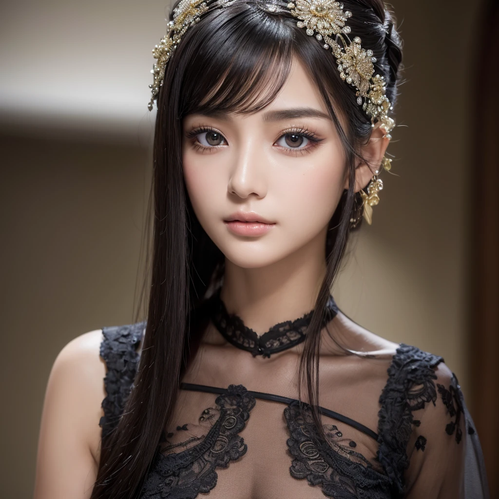 ((Highest quality、8k、masterpiece、Realistic live action:1.3))、(A stunningly beautiful fashion model), 、 Highly detailed skin texture, Intricately detailed, double eyelid, Beautiful thin nose, , (Shiny black hair, Medium Straight Hair ), Beautiful Skin, Big eyes, 、Additional HD , masterpiece、((Realistic live action))、(Face Focus)