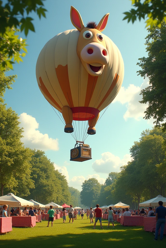 a hot air balloon flying in the shape of an ass, the ropes of the balloon holding a jukebox, it is flying over a park with grass and trees, there are many people celebrating family day, tables with red and white checkered tablecloths, children playing. cinematic realistic image, celebration atmosphere