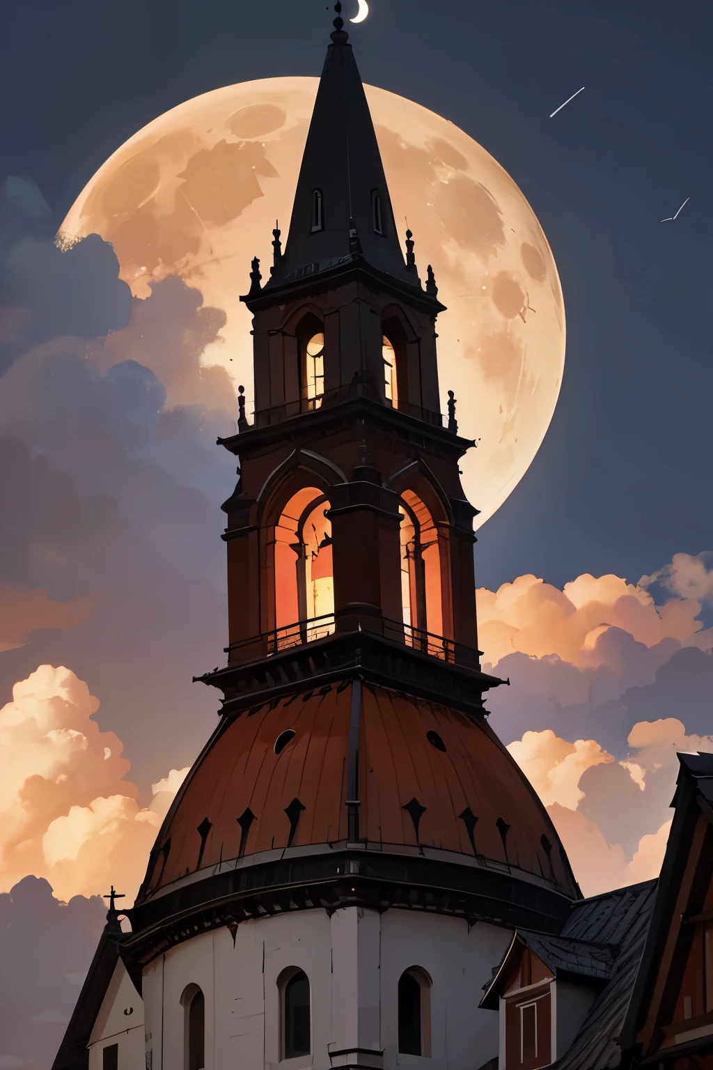 a bell tower and a tower seen from below, clouds, red enamel moon surrounded by white, night sky clouds near the moon, village, night, surreal atmosphere.
